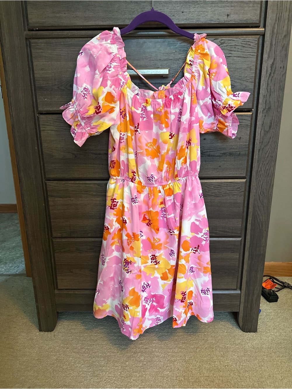 Staccato Pink & Orange Floral Puff-Sleeve Casual Dress